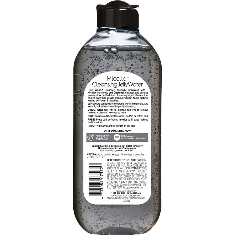 Back view of Micellar Cleansing Water with Charcoal, for oily skin