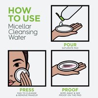 Use Garnier Micellar Water to saturate pad, press on face, and wipe