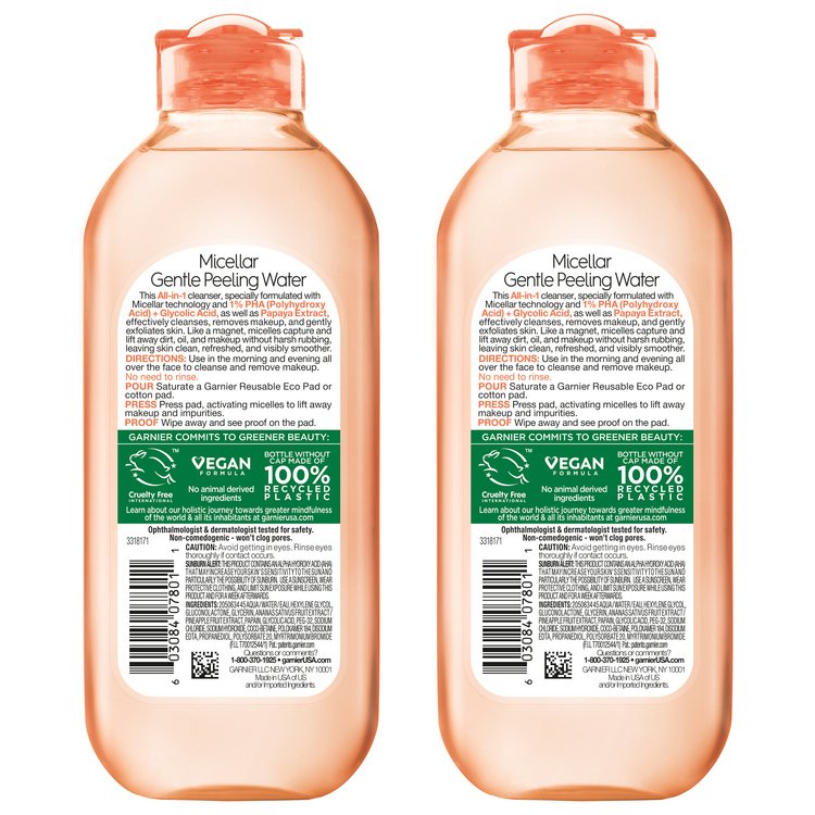 Garnier Micellar Peeling Cleansing Water with 1% PHA and Glycolic Acid back pack shot