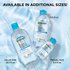 Three micellar water bottles in different sizes on a blue watery background, captioned "Available in Additional Sizes."