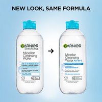 Two micellar water bottles side by side with an arrow, captioned "New Look, Same Formula."