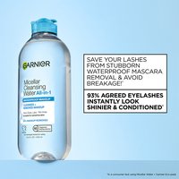 Micellar cleansing water bottle with a blue cap, captioned "Save your lashes from torn waterproof mascara removal and avoid breakage."