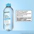 Micellar cleansing water bottle with a blue cap, captioned "Save your lashes from torn waterproof mascara removal and avoid breakage."