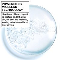 Close-up illustration of a water droplet with micelle particles, captioned "Powered by Micellar Technology" to explain dirt and makeup removal.