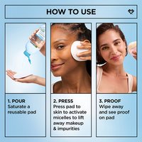 Three-step how-to-use graphic showing a woman pouring, pressing, and wiping micellar water with a cotton pad.