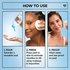 Three-step how-to-use graphic showing a woman pouring, pressing, and wiping micellar water with a cotton pad.