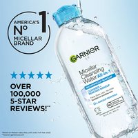 Micellar water bottle beside a five-star rating graphic, captioned "America's No.1 Micellar Brand, over 100,000 5-star reviews."