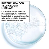 Close-up illustration of a water droplet with micelle particles, captioned "Powered by Micellar Technology" to explain dirt and makeup removal.