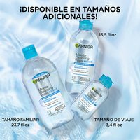 Three micellar water bottles in different sizes on a blue watery background, captioned "Available in Additional Sizes."