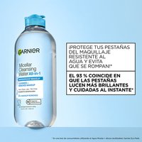 Micellar cleansing water bottle with a blue cap, captioned "Save your lashes from torn waterproof mascara removal and avoid breakage