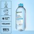 Micellar water bottle with certification icons for dye-free, fragrance-free, cruelty-free, and vegan formula, noting "100% recyclable"