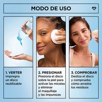 Three-step how-to-use graphic showing a woman pouring, pressing, and wiping micellar water with a cotton pad.