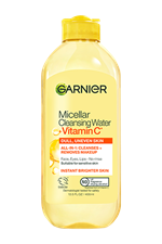 A visual of the front of the Garnier Micellar Cleansing Water bottle, in the Vitamin C variant. This micellar water is for dull, uneven skin.