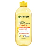 A visual of the front of the Garnier Micellar Cleansing Water bottle, in the Vitamin C variant. This micellar water is for dull, uneven skin.