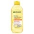 A visual of the front of the Garnier Micellar Cleansing Water bottle, in the Vitamin C variant. This micellar water is for dull, uneven skin.