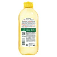 A visual of the back of the Garnier Micellar Cleansing Water bottle, in the Vitamin C variant. This micellar water is for dull, uneven skin.
