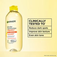 The Garnier Micellar Cleansing Water + Vitamin C is clinically tested to reduce dark spots, improve skin texture, and even skin tone.