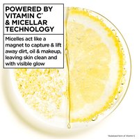 The Garnier Micellar Cleansing Water + Vitamin C is powered by Vitamin C and micellar technology. Micelles act like a magnet to capture and lift away dirt, oil, and makeup, leaving skin clean with a visible glow.