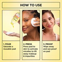 The Garnier Micellar Water + Vitamin C can be applied in 3 simple steps: pour onto a pad, press pad to skin, and wipe away to see proof on pad!