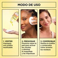 The Garnier Micellar Water + Vitamin C can be applied in 3 simple steps: pour onto a pad, press pad to skin, and wipe away to see proof on pad!