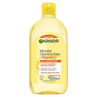 A visual of the front of the Garnier Micellar Cleansing Water bottle, in the Vitamin C variant. This micellar water is for dull, uneven skin.