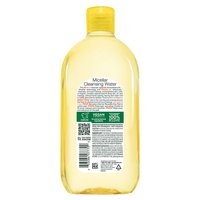 A visual of the back of the Garnier Micellar Cleansing Water bottle, in the Vitamin C variant. This micellar water is for dull, uneven skin.