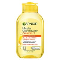 A visual of the front of the Garnier Micellar Cleansing Water bottle, in the Vitamin C variant. This micellar water is for dull, uneven skin.
