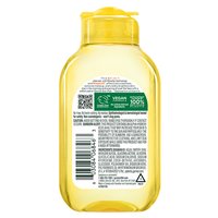 A visual of the back of the Garnier Micellar Cleansing Water bottle, in the Vitamin C variant. This micellar water is for dull, uneven skin.