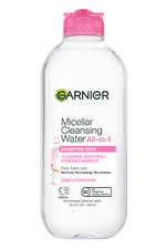 A front packshot of the Garnier Micellar Water All-in-1 with a pink cap. This skin care product is a no-rinse makeup remover and cleanser for face, eyes, and lips.
