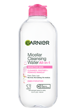 A front packshot of the Garnier Micellar Water All-in-1 with a pink cap. This skin care product is a no-rinse makeup remover and cleanser for face, eyes, and lips.