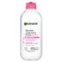 A front packshot of the Garnier Micellar Water All-in-1 with a pink cap. This skin care product is a no-rinse makeup remover and cleanser for face, eyes, and lips.