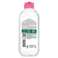 A back packshot of the Garnier Micellar Water All-in-1 with a pink cap. This skin care product is a no-rinse makeup remover and cleanser for face, eyes, and lips.