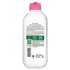 A back packshot of the Garnier Micellar Water All-in-1 with a pink cap. This skin care product is a no-rinse makeup remover and cleanser for face, eyes, and lips.