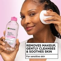 The Garnier Micellar Water All-in-1 is safe for sensitive skin and gently cleanses while soothing skin.