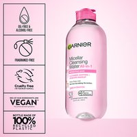 The Garnier Micellar Water is a cruelty-free product and is oil-free, alcohol-free, and fragrance-free. This product bottle ismade of 100% recycled plastic.