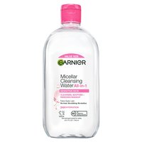 A front packshot of the Garnier Micellar Water All-in-1 with a pink cap. This skin care product is a no-rinse makeup remover and cleanser for face, eyes, and lips.