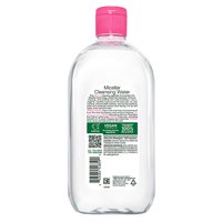 A back packshot of the Garnier Micellar Water All-in-1 with a pink cap. This skin care product is a no-rinse makeup remover and cleanser for face, eyes, and lips.