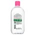 A back packshot of the Garnier Micellar Water All-in-1 with a pink cap. This skin care product is a no-rinse makeup remover and cleanser for face, eyes, and lips.