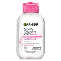 A front packshot of the Garnier Micellar Water All-in-1 with a pink cap. This skin care product is a no-rinse makeup remover and cleanser for face, eyes, and lips.