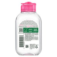 A back packshot of the Garnier Micellar Water All-in-1 with a pink cap. This skin care product is a no-rinse makeup remover and cleanser for face, eyes, and lips.