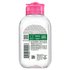 A back packshot of the Garnier Micellar Water All-in-1 with a pink cap. This skin care product is a no-rinse makeup remover and cleanser for face, eyes, and lips.