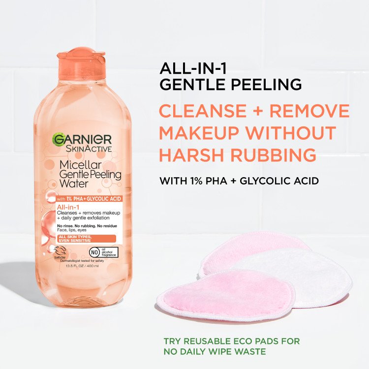 Micellar peeling water cleanses and removes makeup without harsh rubbing