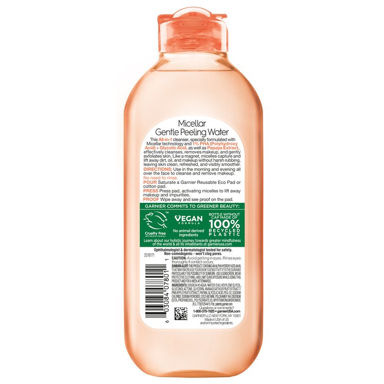 Garnier Micellar Peeling Cleansing Water with 1% PHA and Glycolic Acid back pack shot