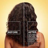 Before and after comparison of brunette curly hair: visibly showing hair repair with up to 94% less split ends and 83% more moisture using Garnier Whole Blends Honey Treasures.