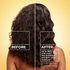 Before and after comparison of brunette curly hair: visibly showing hair repair with up to 94% less split ends and 83% more moisture using Garnier Whole Blends Honey Treasures.