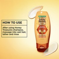 How to use Garnier Whole Blends Honey Treasures Repairing Conditioner: instructional graphic showing product application and creamy texture for dry, damaged hair repair.