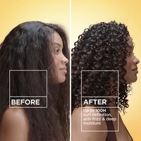 Before and after results when using the Garnier Whole Blends Hair Honey Jelly. Experience up to 100 hours of curl definition, anti-frizz, and deep moisture.