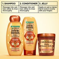 The Garnier Whole Blends Honey Treasures collection features a shampoo and conditioner that complement the Hair Honey Jelly. The jelly can be used as the last step in a routine following a shampoo and conditioner.
