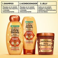 The Garnier Whole Blends Honey Treasures collection features a shampoo and conditioner that complement the Hair Honey Jelly. The jelly can be used as the last step in a routine following a shampoo and conditioner.
