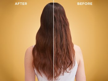 A side-by-side comparison of long brown hair. The "BEFORE" side displays frizzy, dry hair, while the "AFTER" side shows the hair looking significantly smoother and shinier after product use.